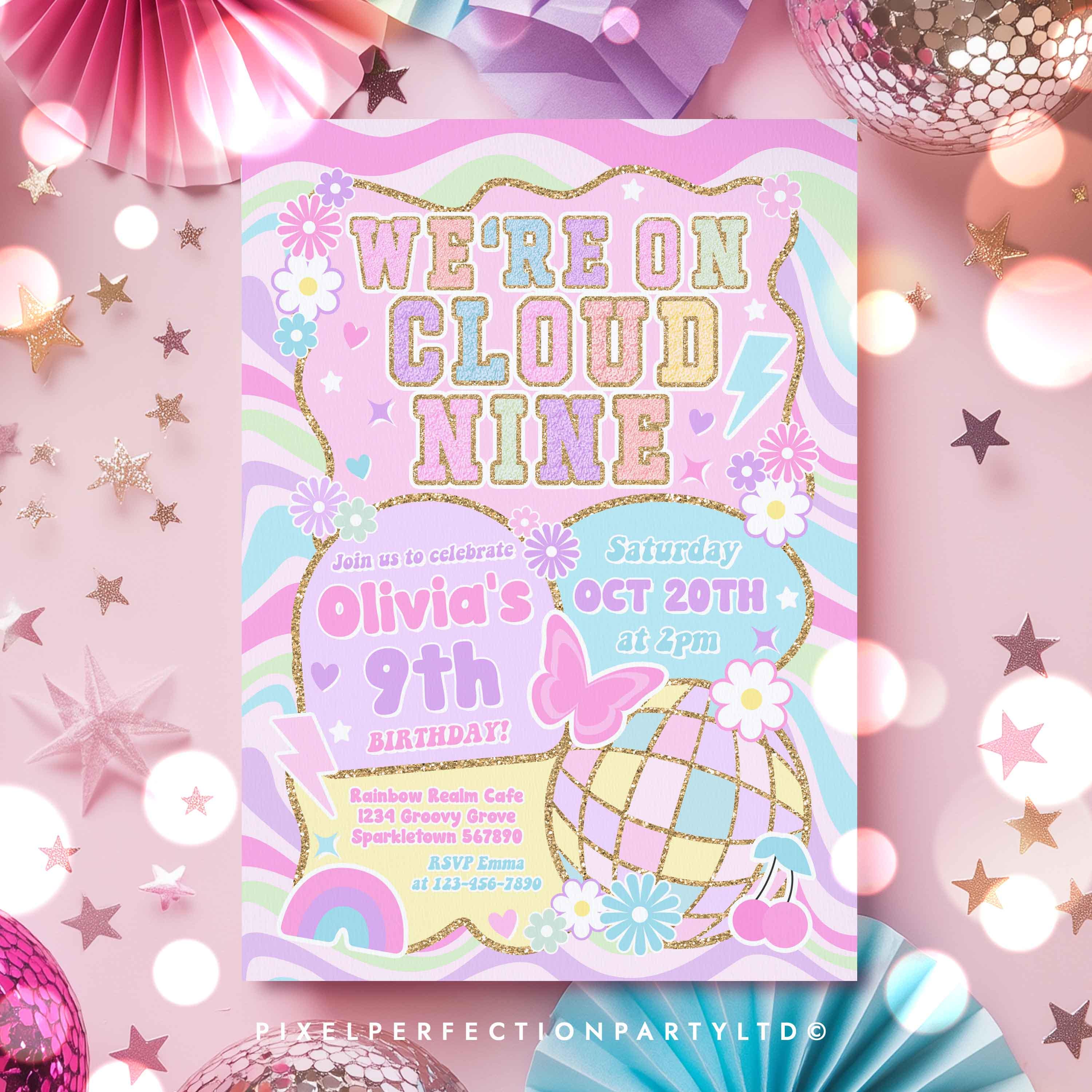 Editable Cloud 9 Birthday Party Invitation Varsity Fashion Preppy 9th ...