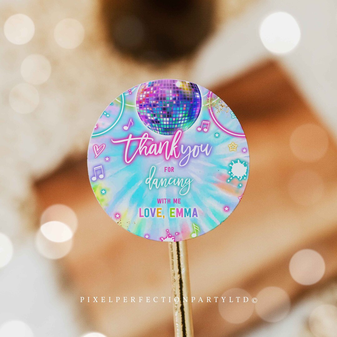 Editable Dance Birthday Party Circle Square Tags Tie Dye Dance Glow Neon Dance Party Favors