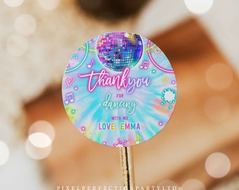May include: A round sticker with a tie-dye background in shades of blue, pink, and purple. The sticker features a disco ball and the text "Thank you for dancing with me, Love, Emma." Musical notes and stars decorate the edges.