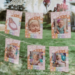 Editable Groovy Birthday Party Monthly Banner Groovy One Birthday Party First Birthday Banner Rainbow Peace Love Party Instant Download GP