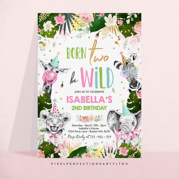 Editable Born Two Be Wild Birthday Invitation Safari Animal Invite Born Two Be Wild 2nd Birthday Monochrome Jungle Party Instant Download PS Il_570xn