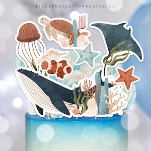 Unter dem Meer-Geburtstags-Party-Mittelstück Cake Toppers Wal Schildkröte Hai Qualle Sea Life Cake Toppers Ausschnitte Dekor Instant Download J9