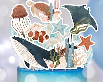 Bajo el mar fiesta de cumpleaños pieza central pastel toppers ballena tortuga tiburón medusas vida marina pastel toppers recortes decoración descarga instantánea J9