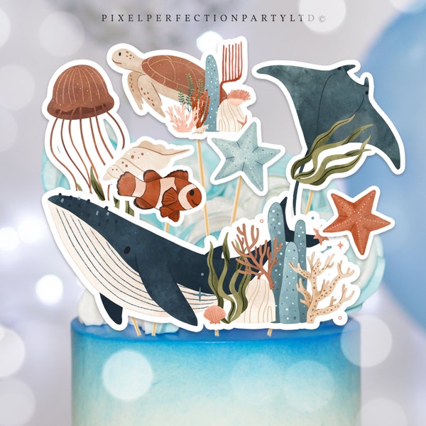 Under the Sea Birthday Party Centerpiece Cake Toppers Whale Turtle Shark Jellyfish Sea Life Cake Toppers Cutouts Decor Instant Download J9