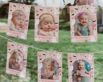 Editable Pink Halloween Ghost Monthly Banner Pink Ghost Spooky One Monthly Photo Banner Spooktacular Halloween Birthday Instant Download DS