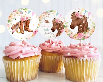 Editable Cowgirl Birthday Cupcake Toppers Horse Birthday Sticker Toppers Tags Pink Gold Floral Cowgirl Horse Party Decor Instant Download KU