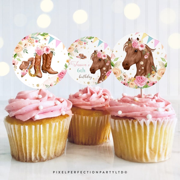 Editable Cowgirl Birthday Cupcake Toppers Horse Birthday Sticker Toppers Tags Pink Gold Floral Cowgirl Horse Party Decor Instant Download KU