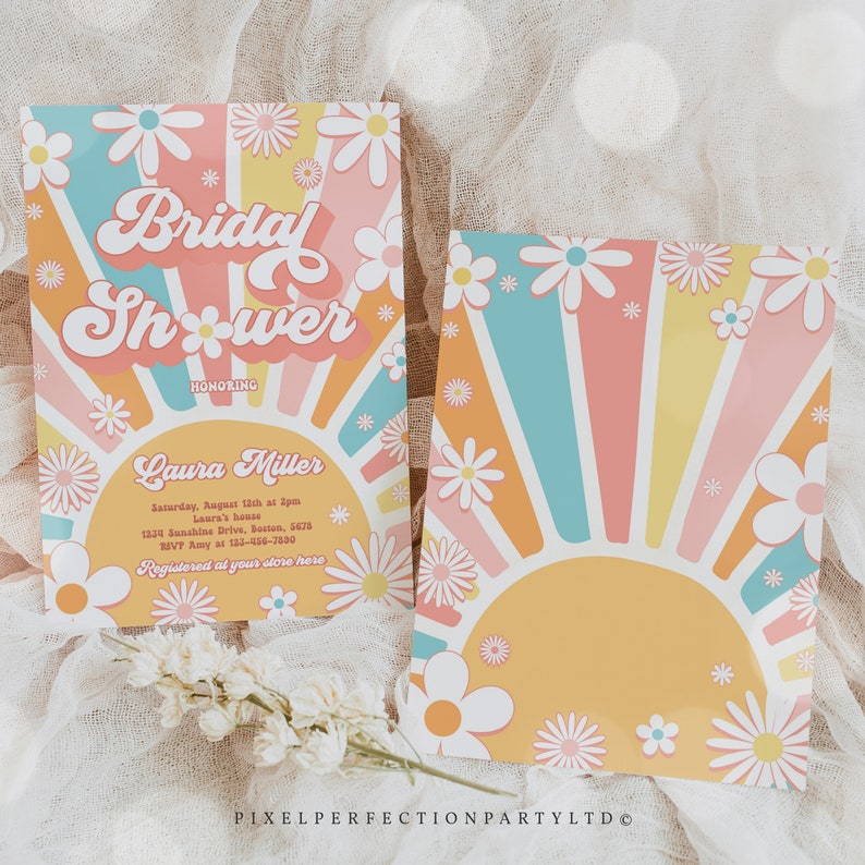 Editable Retro Bridal Shower Invitation Retro Bohemian Hippie Vibes Daisy 70s Flower Power Bridal Shower Invitation Instant Download 4R6 画像 5