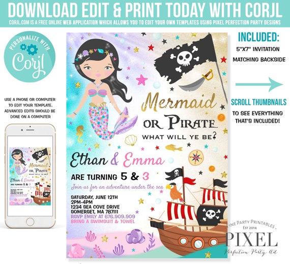 Mermaid And Pirate Birthday Invitation Sibling Mermaid & Pirate Invitation Sibling Girl Boy Combined Birthday Invite Mermaid Pirate Party 7O Il_570xn