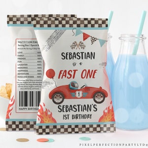 Editable Fast One Birthday Chip Bag Labels Red Race Car Party Chip Bag Favors Red Race Car Fast One 1st Birthday Party Instant Download VR