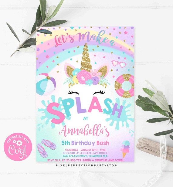 Editable Pool Party Invitation Unicorn Pool Party Invitation Unicorn Pool Float Splish Splash Pool Party Bash Instant Download Corjl UP1 Il_570xn