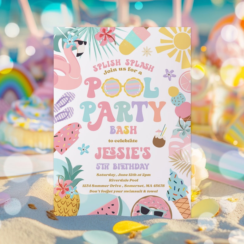 Puede incluir: Una invitaci&oacute;n a una fiesta en la piscina en colores pastel con ilustraciones de flamenco, gafas de sol y helado. El texto de la invitaci&oacute;n dice "SPLISH SPLASH, &Uacute;nete a nuestra POOL PARTY BASH para celebrar el 5&ordm; CUMPLEA&Ntilde;OS de JESSIE".