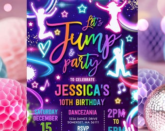 May include: A neon-colored birthday party invitation with a purple background. The invitation says "Let's Jump & Party" to celebrate Jessica's 10th birthday. The invitation includes the date, time, and location of the party.