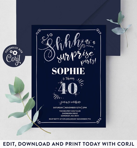 40th Surprise Birthday Invitation Chalkboard Vintage 40th Birthday Invite Navy Silver Invite Template Instant Download Editable Corjl D1 Il_570xn