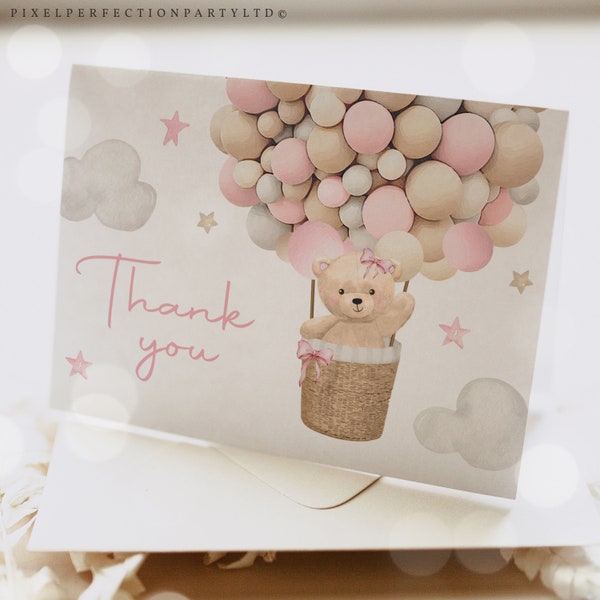 Editable Teddy Bear Baby Shower Thank You Card Girl Pink Teddy Bear Hot Air Balloon Fold Over Thank You Note Card Instant Download 5H