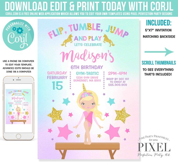 Gymnastics Unicorn Invitation Unicorn Gymnastics Invitation Gymnastics Party Magical Gymnastics Party Instant Download Editable PDF K3 Il_570xn