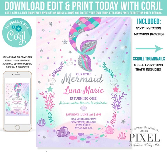 Mermaid Birthday Invitation Mermaid Birthday Party Invitation Whimsical Mermaid Under The Sea Party Instant Download Editable File 7F Il_570xn