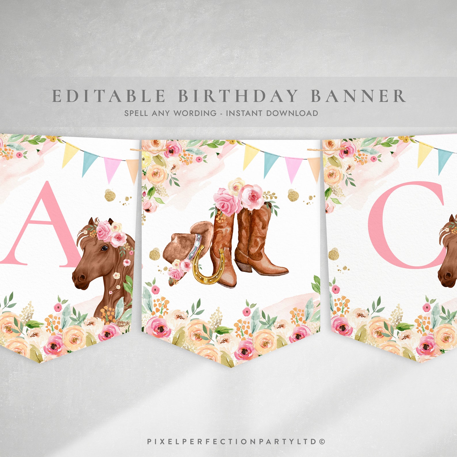 Editable Cowgirl Birthday Banner Fully Editable Horse Birthday - Etsy