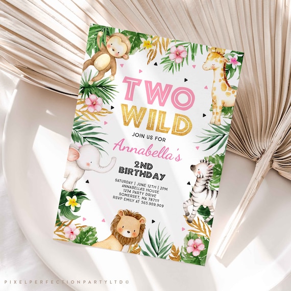 Two Wild Birthday Invitation Pink Gold Jungle Safari Animals