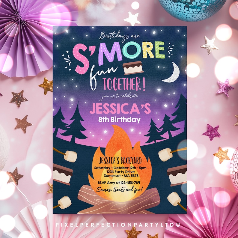 May include: A rectangular birthday party invitation card featuring a night sky with stars, a crescent moon, and a campfire. The text reads: Birthdays are S'MORE fun TOGETHER! JESSICA'S 8th Birthday, JESSICA'S BACKYARD, October 12th, 5pm, 1234 Party Drive.