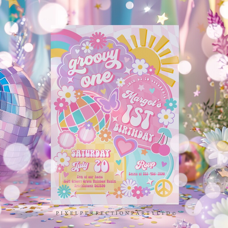 Editable Groovy One 1st Birthday Party Invitation Rainbow Sunshine ...