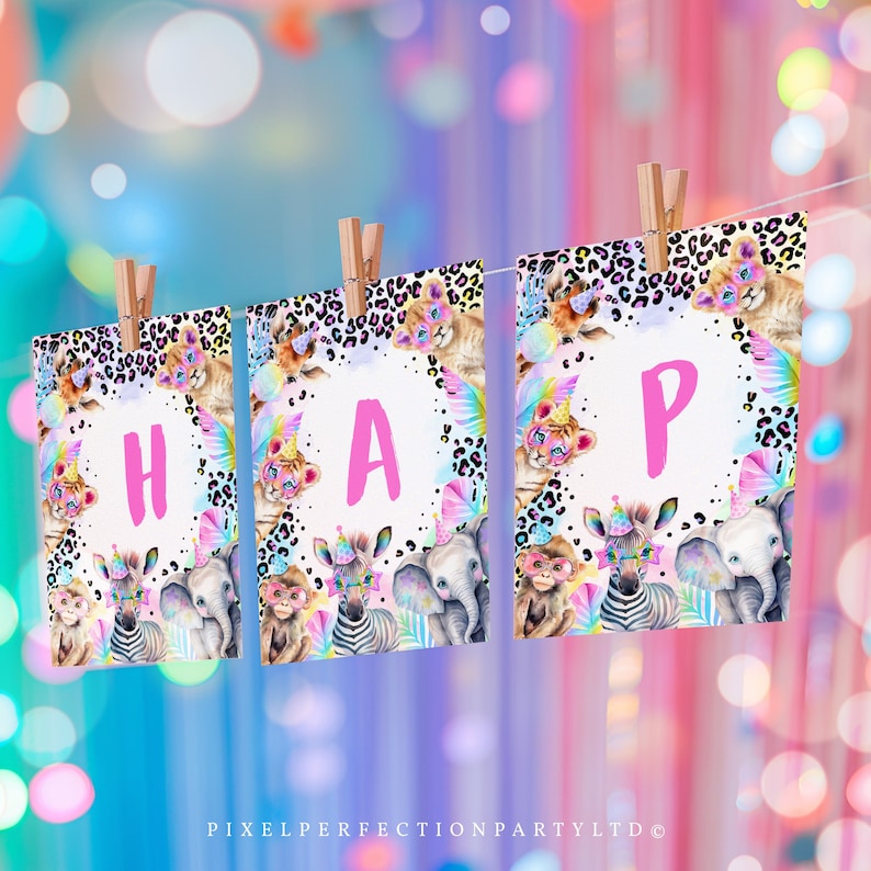 May include: A colourful banner with the word "HAPPY" spelled out in pink letters. Each letter is on a separate card with a jungle animal theme. The animals include lions, zebras, monkeys, and elephants. The cards are decorated with a leopard print background and colourful accents.