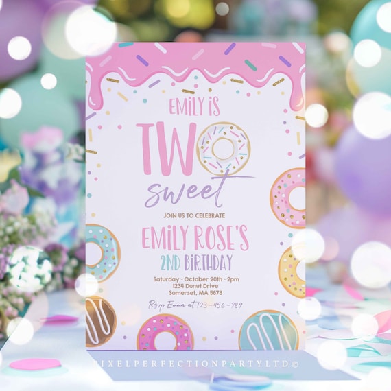 Editable Two Sweet Donut Birthday Party Invitation Pink Pastel Donut Two Sweet 2nd Birthday Donut 2nd Birthday Party Instant Download E2