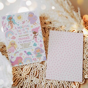 May include: A colorful invitation for a 4th birthday party with a mermaid theme. The invitation features a mermaid, a rainbow, a turtle, and a star. The text on the invitation reads "A Magical Day is on the Way! Join us to celebrate Olivia's 4th Birthday".