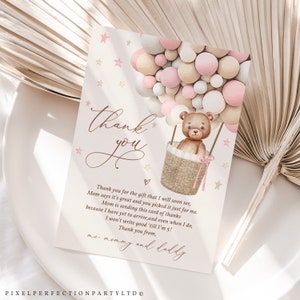 Editable Teddy Bear Hot Air Balloon Baby Shower Thank You Card Girl Pink Teddy Bear Baby Shower We Can Bearly Wait Instant Download JD