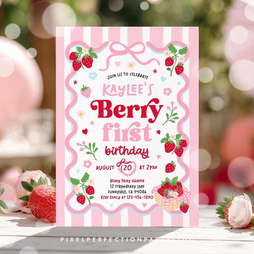 Editable Strawberry Berry First 1st Birthday Party Invitation ...