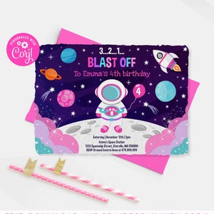 Space Invitation Space Birthday Invitation Girl Space Invitation Girl Astronaut Girly Outer Space Party Instant Download Editable PDF OS