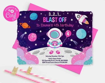 Space Invitation Space Birthday Invitation Girl Space Invitation Girl Astronaut Girly Outer Space Party Instant Download Editable PDF OS