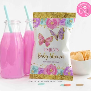 Editable Butterfly Baby Shower Chip Bag Labels Pink And Gold Floral Butterfly Baby Shower Chip Bag Favors Instant Download Editable File BB