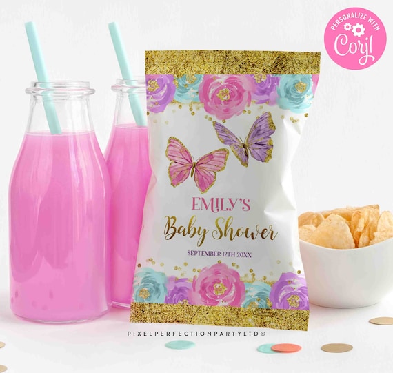 Editable Butterfly Baby Shower Chip Bag Labels Pink And Gold Floral Butterfly Baby Shower Chip Bag Favors Instant Download Editable File BB Il_570xn