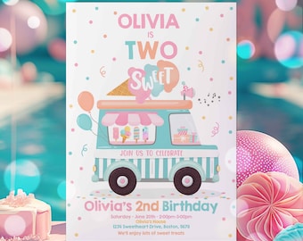 Editable Ice Cream Truck Birthday Invitation Ice Cream Two Sweet 2nd Birthday Party Invitation Two Sweet Ice Cream Party Instant Download PT