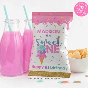 Editable Ice Cream Chip Bag Favor Bags Sweet One Ice Cream Chip Bag Favors Unicorn Party Favor Unicorn Pool Birthday Instant Download X0