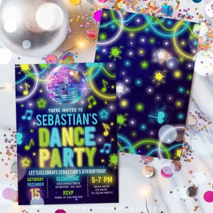 May include: A neon green and blue glow-in-the-dark party invitation for Sebastian's 8th birthday. The invitation features a disco ball, music notes, and stars on a dark blue background. The text reads "You're invited to Sebastian's Dance Party" and includes details about the party, including the date, time, and location.