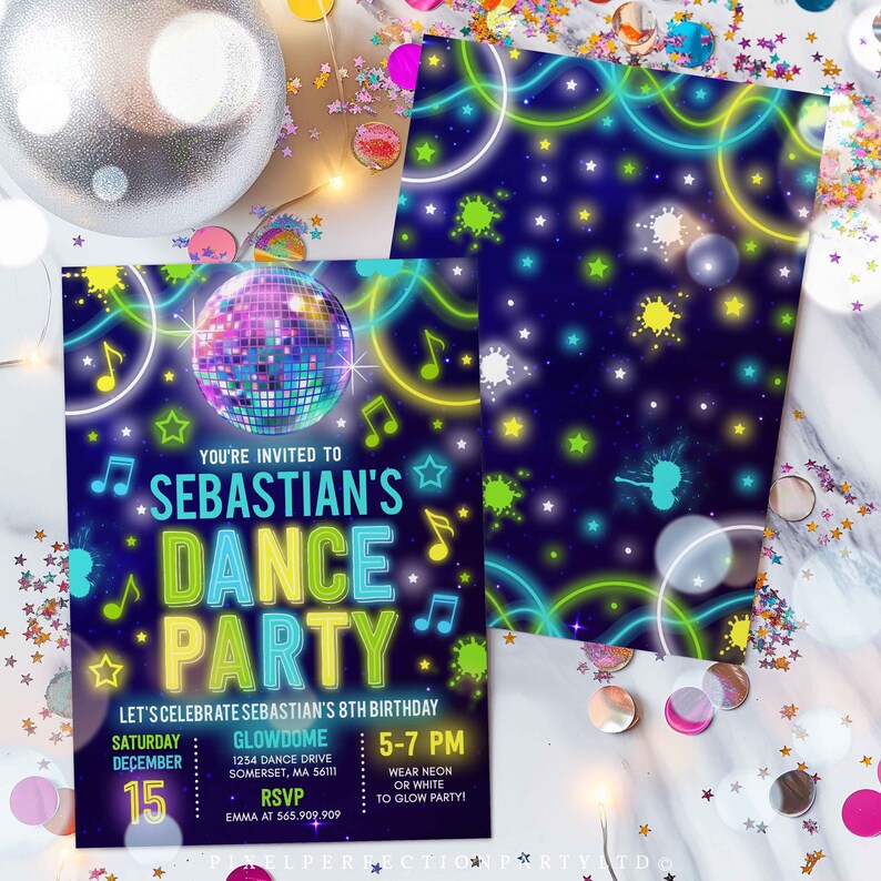 May include: A neon green and blue glow-in-the-dark party invitation for Sebastian's 8th birthday. The invitation features a disco ball, music notes, and stars on a dark blue background. The text reads "You're invited to Sebastian's Dance Party" and includes details about the party, including the date, time, and location.