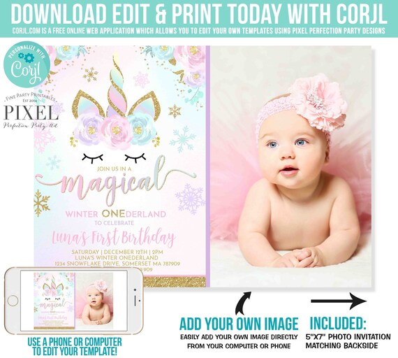 Winter Unicorn Winter Unicorn Birthday Invitation Pink And Gold Unicorn Winter ONEderland Magical Party Instant Download Editable File F3 Il_570xn