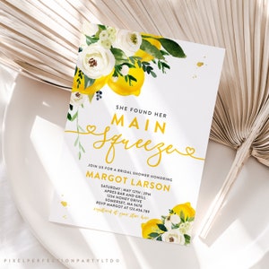Editable Main Squeeze Bridal Shower Invitation Lemon Bridal Shower Invite Yellow White Floral Citrus Lemon Bridal Shower Instant Download LY image 1