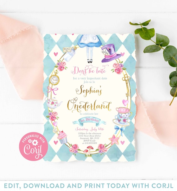 Alice in ONEderland Birthday Invitation Alice In Onederland 1st Birthday Invitation Alice In ONEderland Instant Download Editable Corjl 8Z Il_570xn