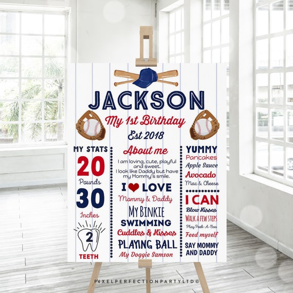 Baseball 1st Birthday Poster Baseball Birthday Milestone Poster Red White And Blue Baseball Birthday Instant Download Editable File PDF 4U Il_570xn