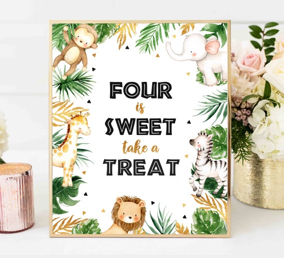 Four Is Sweet Safari Table Sign Black & Gold Jungle Animals Table Sign Gold Animal Jungle 4th Birthday Party Decor Instant Download Sign 25 Il_570xn