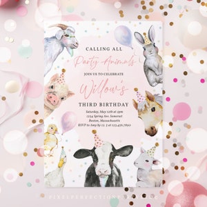 May include: A pink and white birthday invitation with a watercolor illustration of farm animals wearing party hats. The text reads "Calling all Party Animals, Join us to celebrate Willow's Third Birthday, Saturday, May 12th at 2pm, 1234 Spring Ave. Somerset, Boston, Massachusetts, RSVP to Amy by 12.5 at 123.456.7890".