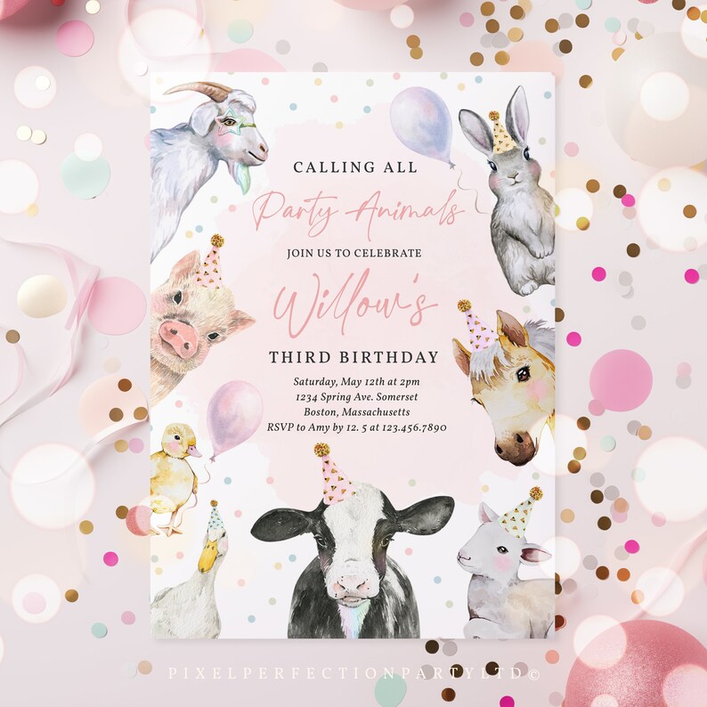 May include: A pink and white birthday invitation with a watercolor illustration of farm animals wearing party hats. The text reads "Calling all Party Animals, Join us to celebrate Willow's Third Birthday, Saturday, May 12th at 2pm, 1234 Spring Ave. Somerset, Boston, Massachusetts, RSVP to Amy by 12.5 at 123.456.7890".