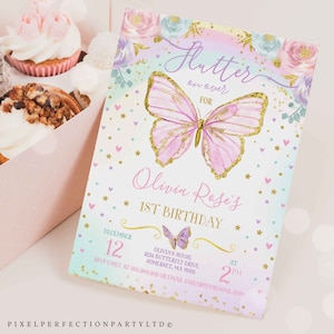 May include: A pink and gold butterfly with glitter accents on a pastel rainbow background. The text "Flutter on over for Olivia Rose's 1st Birthday" is written on the invitation. The date is December 12th and the time is 2 PM. The invitation includes an address and RSVP information.