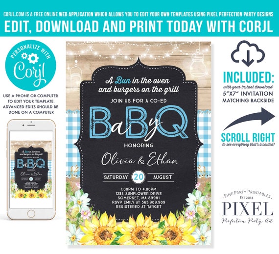 BBQ Baby Shower Invitation Baby Q Baby Shower Invitation Barbeque Baby Shower Sunflower Co-Ed Couples Baby Shower Instant Download Corjl 8P Il_570xn