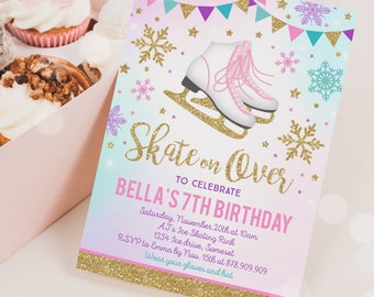 Ice skating Invitation Ice Skating Birthday Invite Pink Gold Ice Skating Party Skate Party Skating Party Instant Editable File Corjl G9