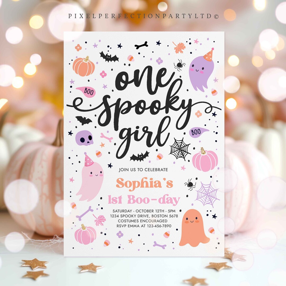Editable One Spooky Girl Cute Pink Ghost 1st Birthday Party Invitation ...