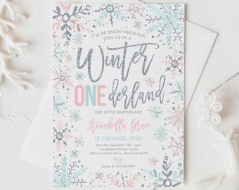 Editable WINTER ONEderland Invitation Pink And Mint And Silver Snowflakes Winter ONEderland Invitation Winter Party Instant Download DE